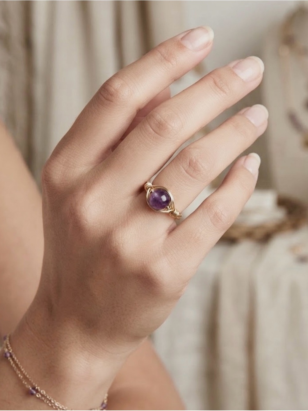 Amethyst Gold plated wire  wrap size 8